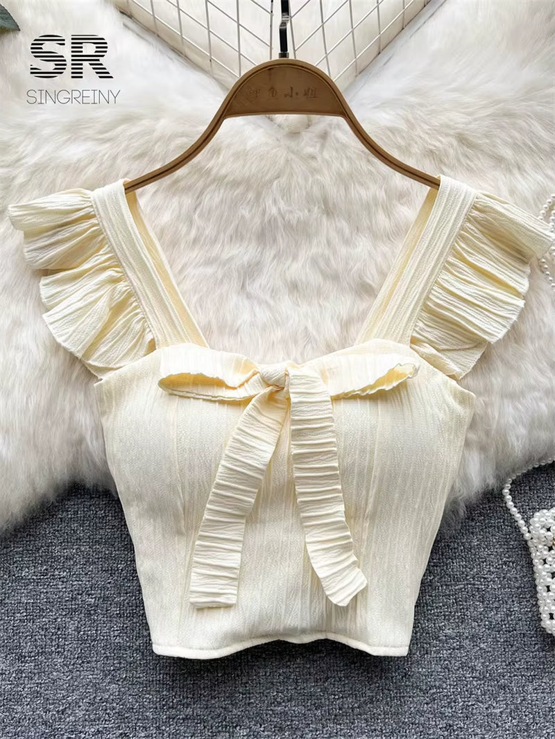 SINGREINY Summer Solid Ruffled Camis Women Square Neck Sleeveless Bow Elastic Waist Strap Top Ladies Sweet Korea Short Tank Top