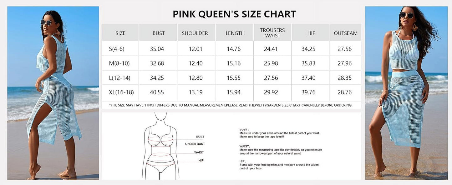 2024 Women 2 Piece Swimsuit Crochet Hollow Out Swim Cover up Bikini Swimwear Knit Mesh Tunic Beach Dress Side Slit